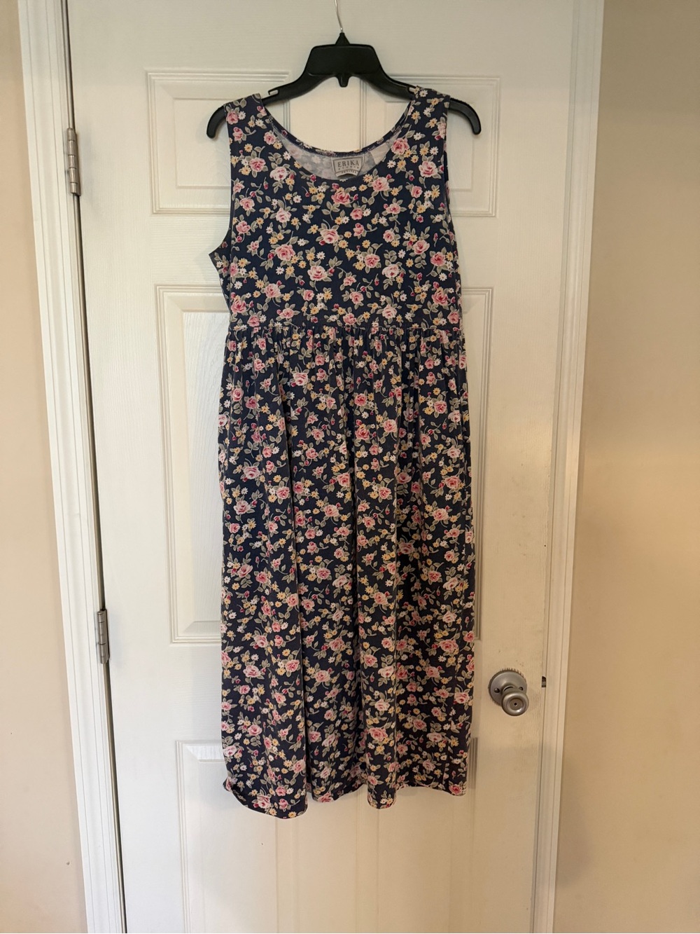 Navy Floral Tank Dress - Pink Rose Print